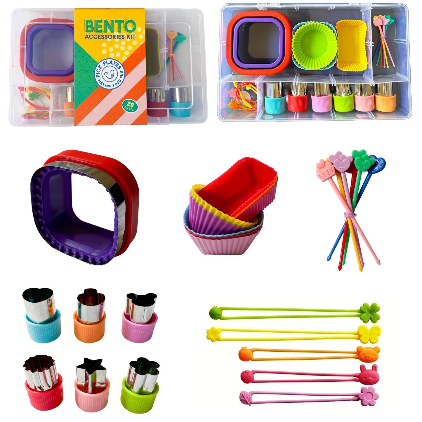 Bento Accessories kit containing wrap bands, sandwich cutter, colourful kid safe food skewers and brightly coloured silicone cupcake cases.