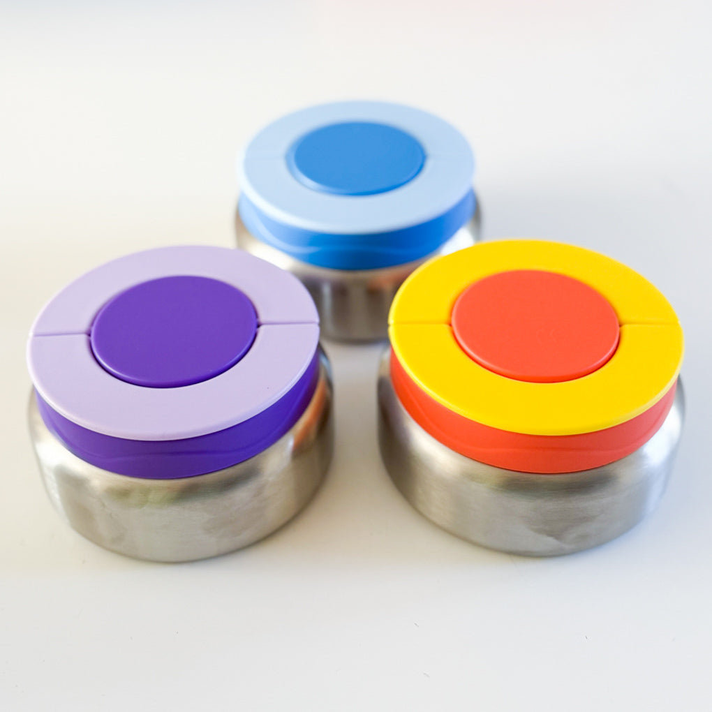 3 small stainless steel food thermoses with colourful lids.