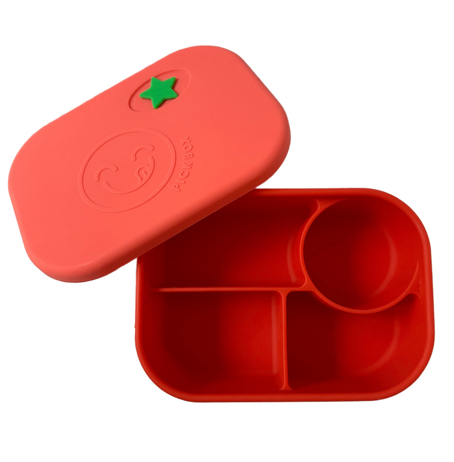 A red and pink silicone compartment lunchbox for kids with a green star stopper on the lid.
