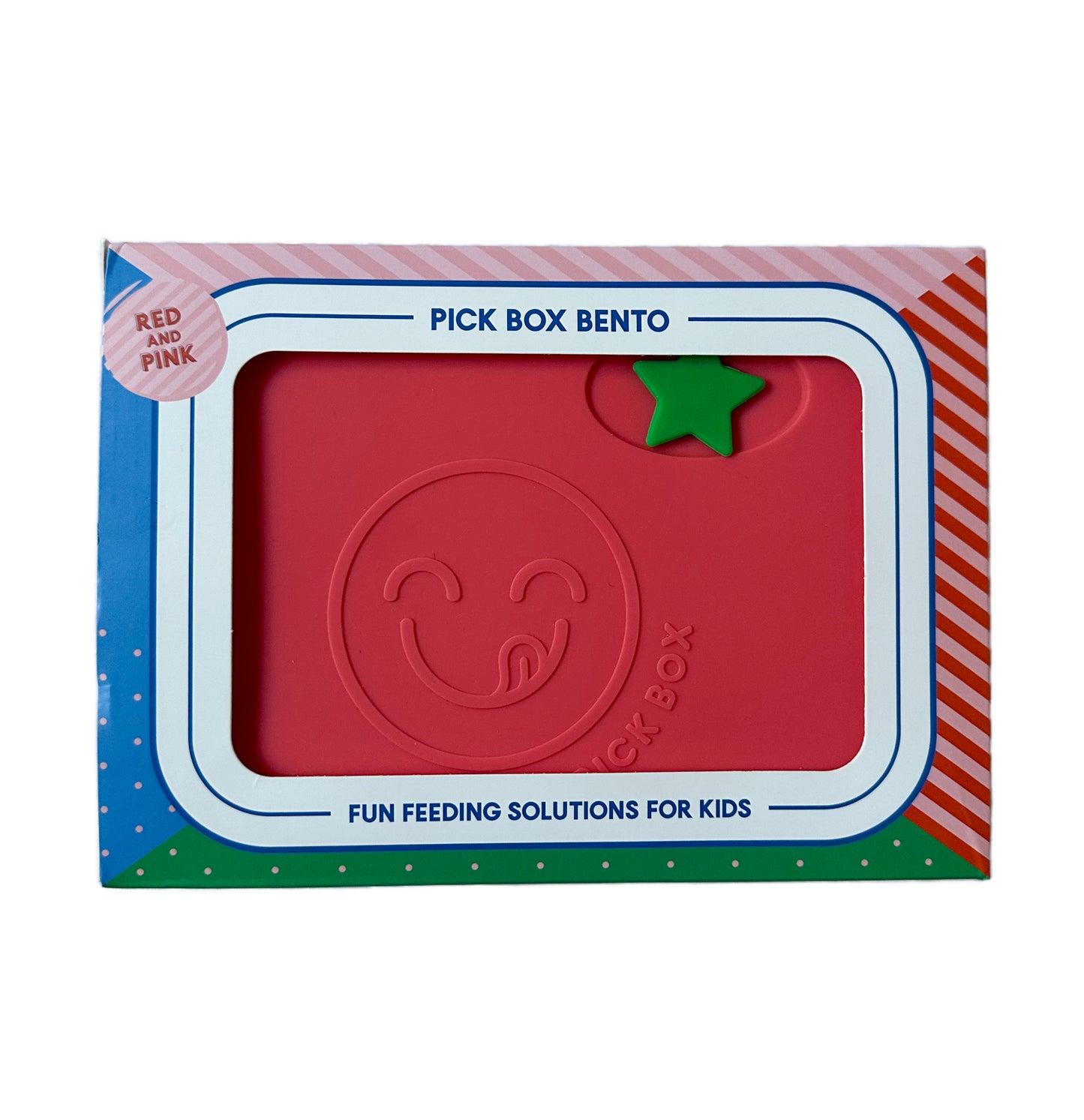 The Pick Box Bento Lunchbox in the red and pink colourway in it's bright and colourful packaging.