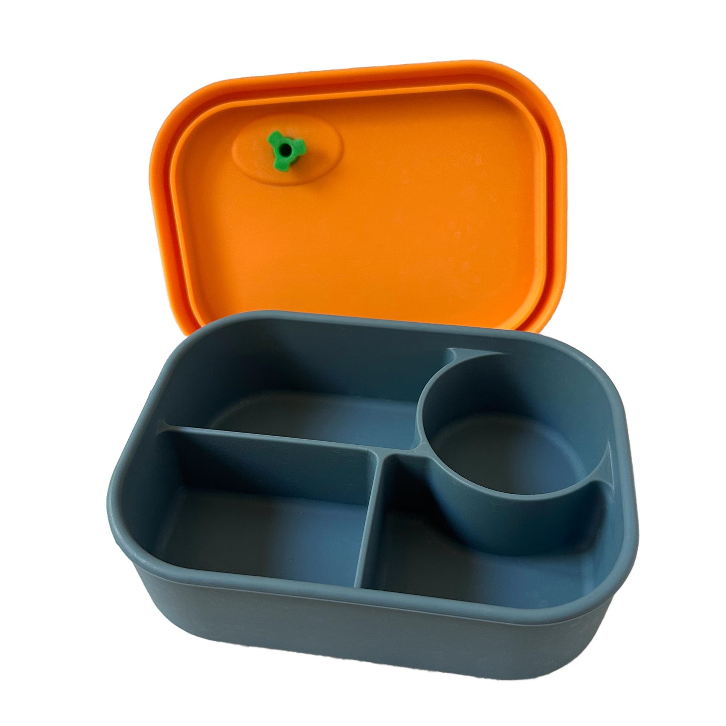 A blue and yellow silicone compartment lunchbox for kids with a green star stopper on the lid.