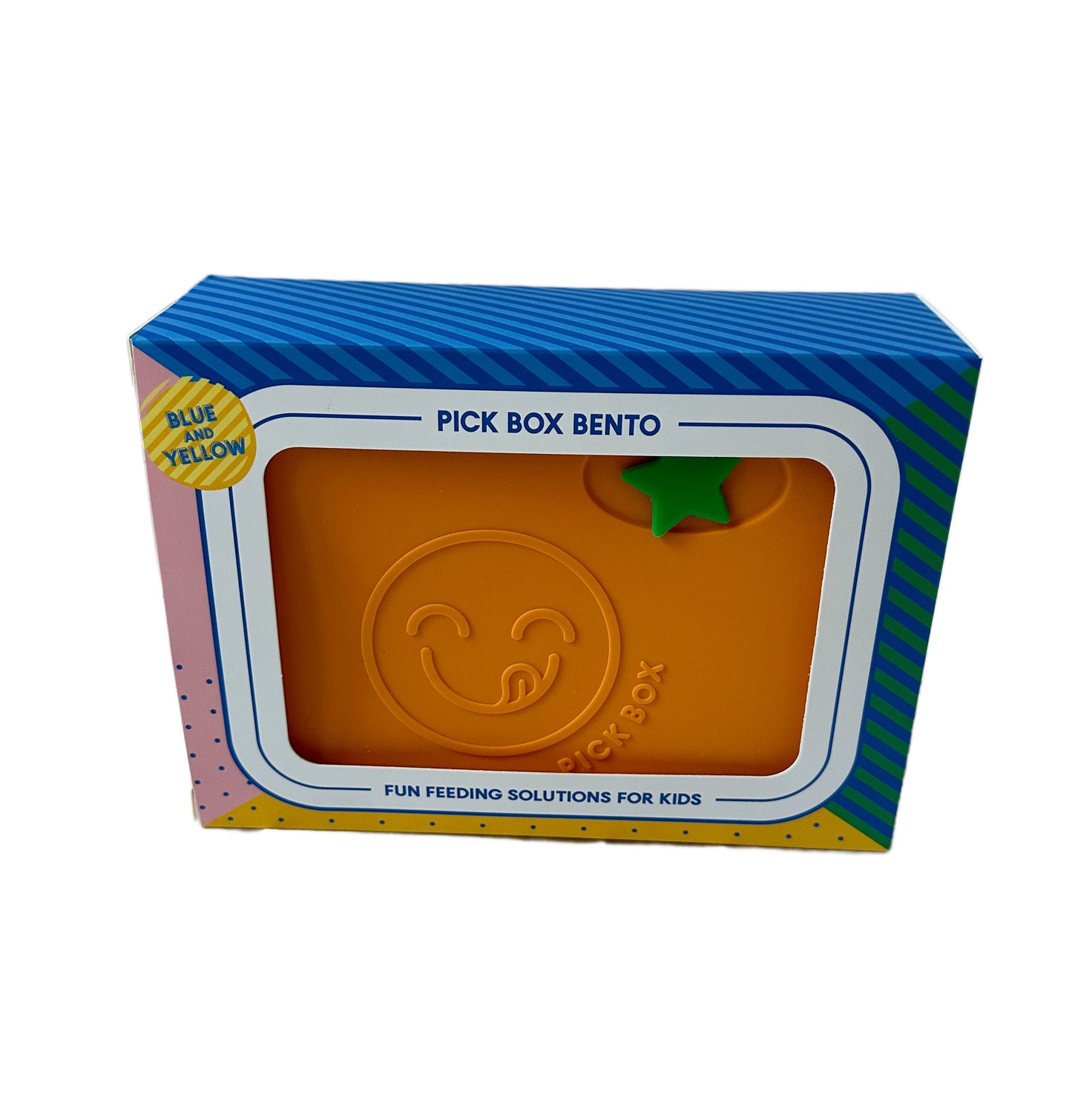 The Pick Box Bento Lunchbox in the blue and yellow colourway in it's bright and colourful packaging.