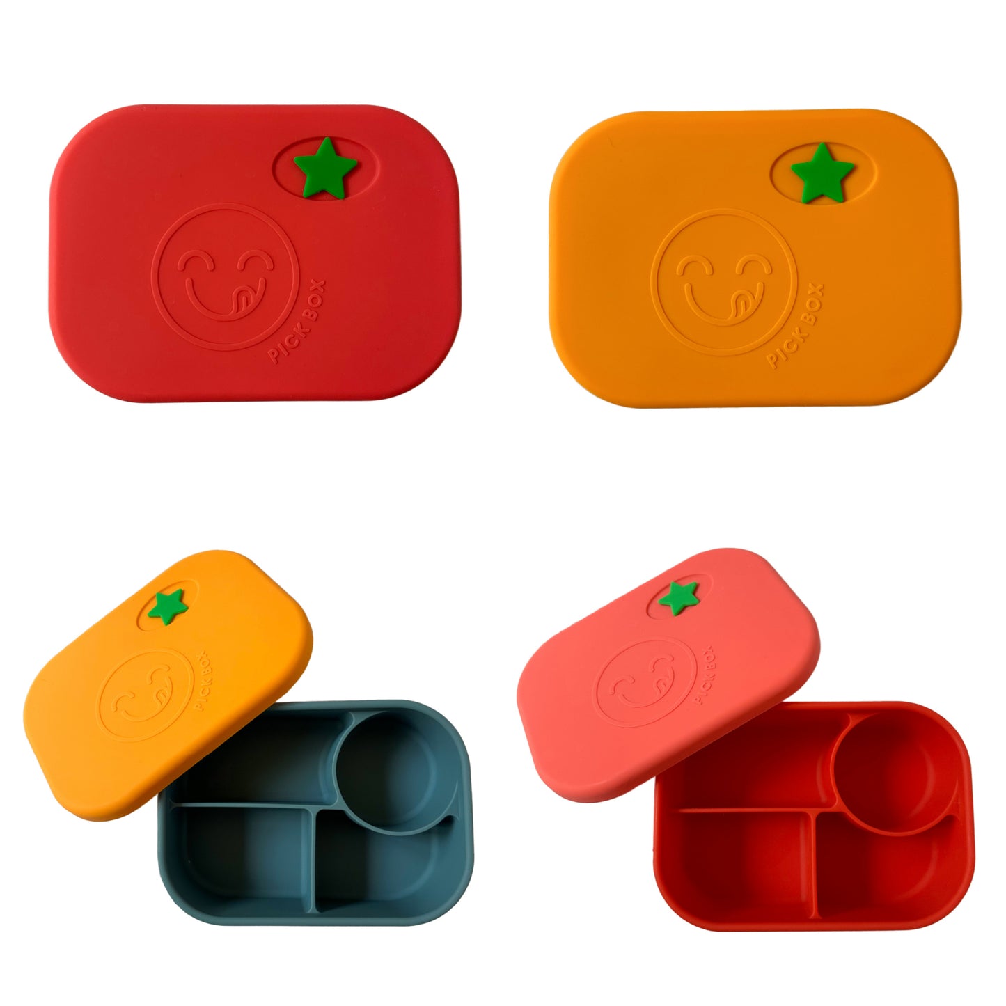 The Pick Plates Bento Lunchbox for kids in both colourways with lid on and lid off to show the four separate compartments.