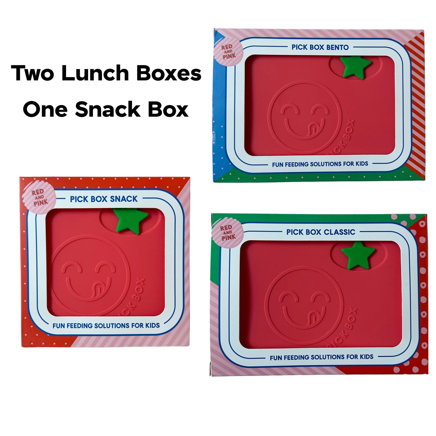 The Pick Box Bento, The Pick Box Classic and The Pick Box Snack in the pink and red colourway all shown in their brightly coloured packaging