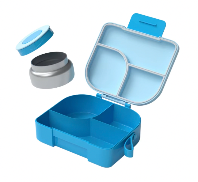 An empty blue Pick Box Hot & Cold Lunchbox showing the three separate compartments as well as the stainless steel food thermos.