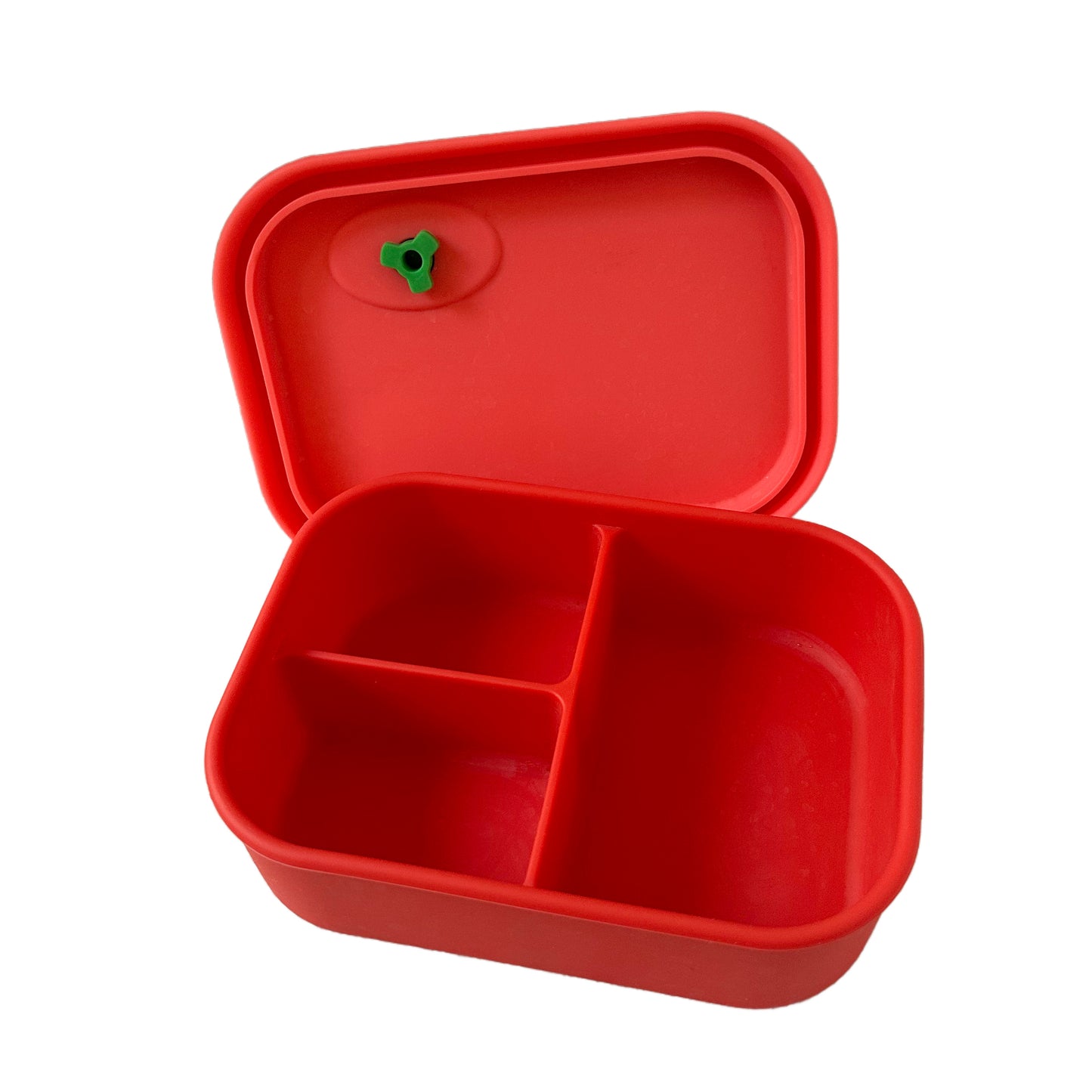 a 3 compartment red and pink silicone lunchbox for kids with a green star stopper
