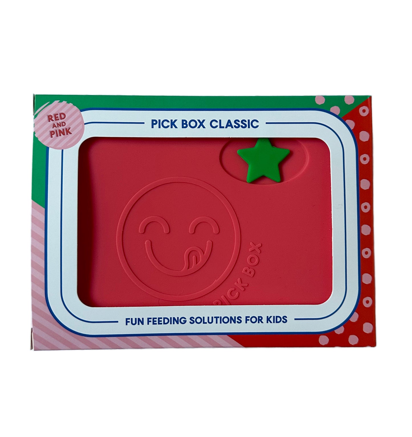 The Pick Box Classic Lunchbox for kids in the red and pink colourway in its colourful packaging