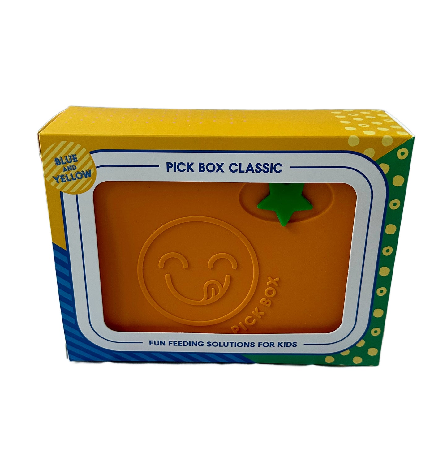 The Pick Box Classic Lunchbox for kids in the blue and yellow colourway in its colourful packaging