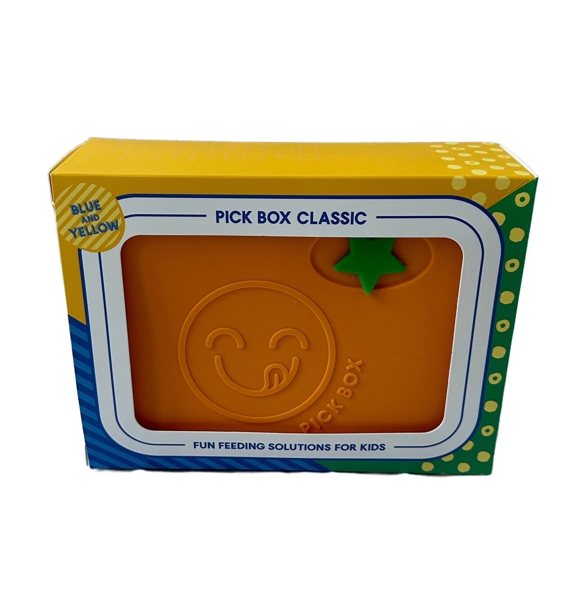 The Pick Box Classic Lunchbox for kids in the blue and yellow colourway in its colourful packaging