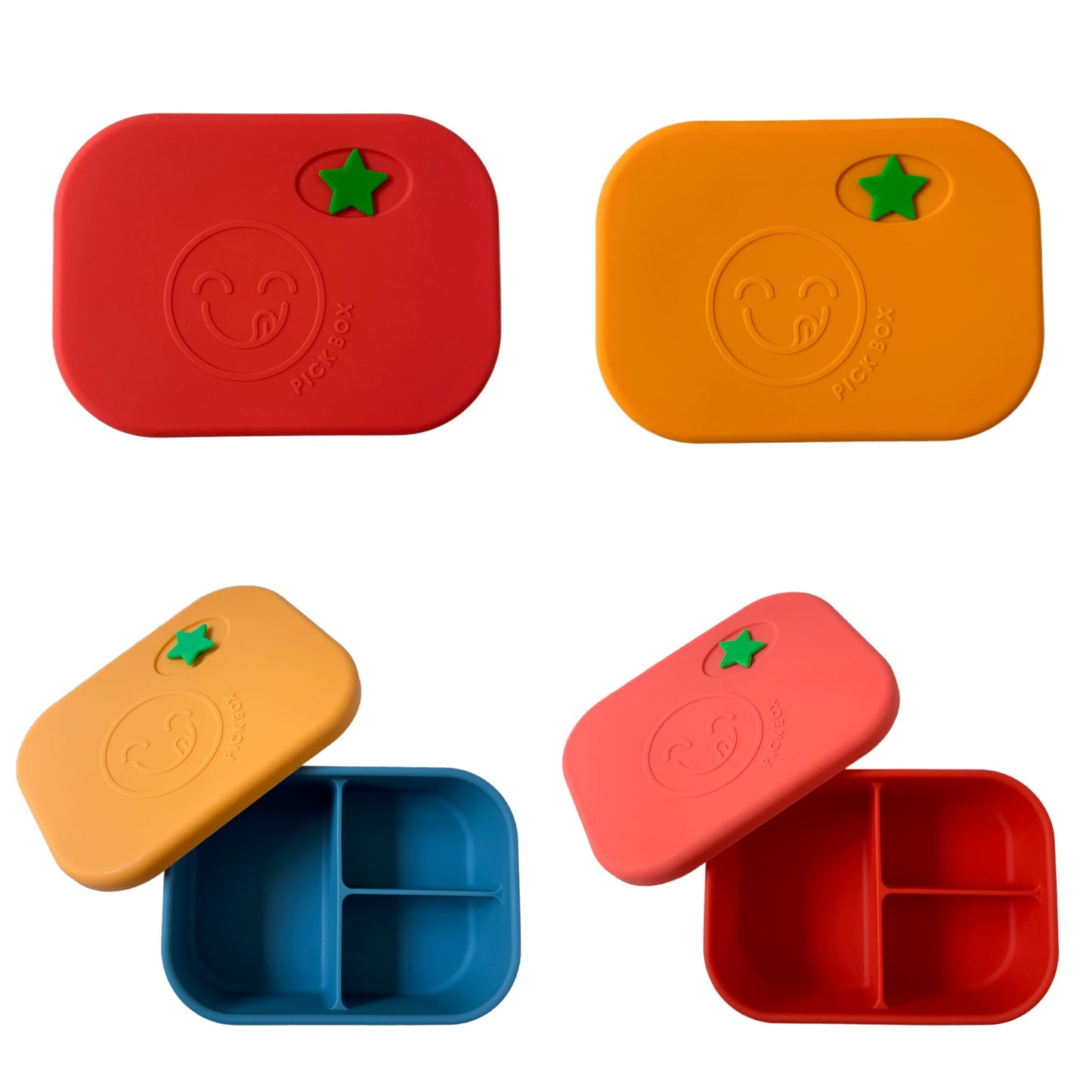 The Pick Box Classic Lunchbox shown in both colourways with both the lid on and the lid off to reveal the 3 separate sections.