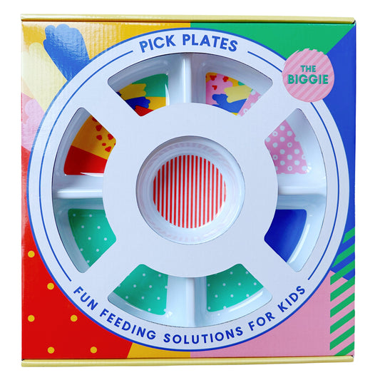 The Biggie Pick Plate for fussy eaters in it's colourful packaging from the front.