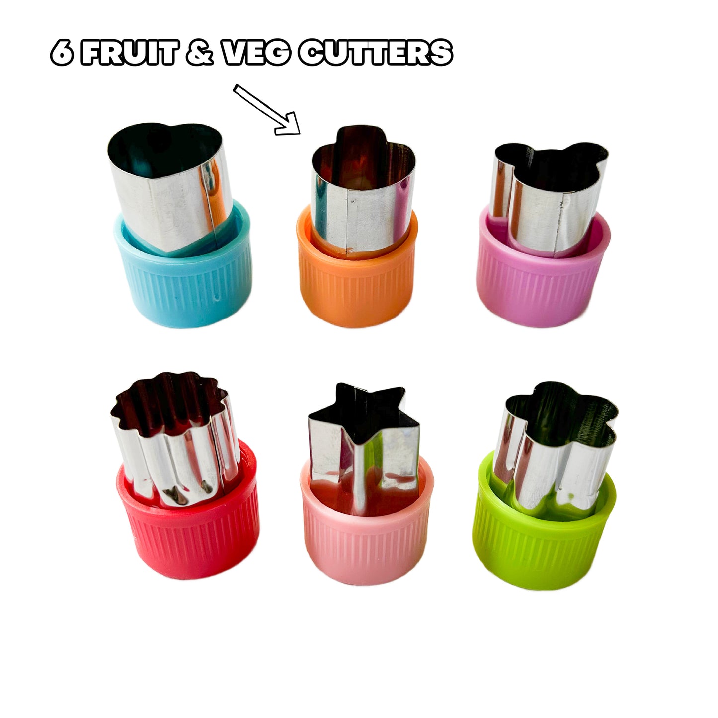6 stainless steell fruit and veg cutters in various shapes with brightly coloured handles.