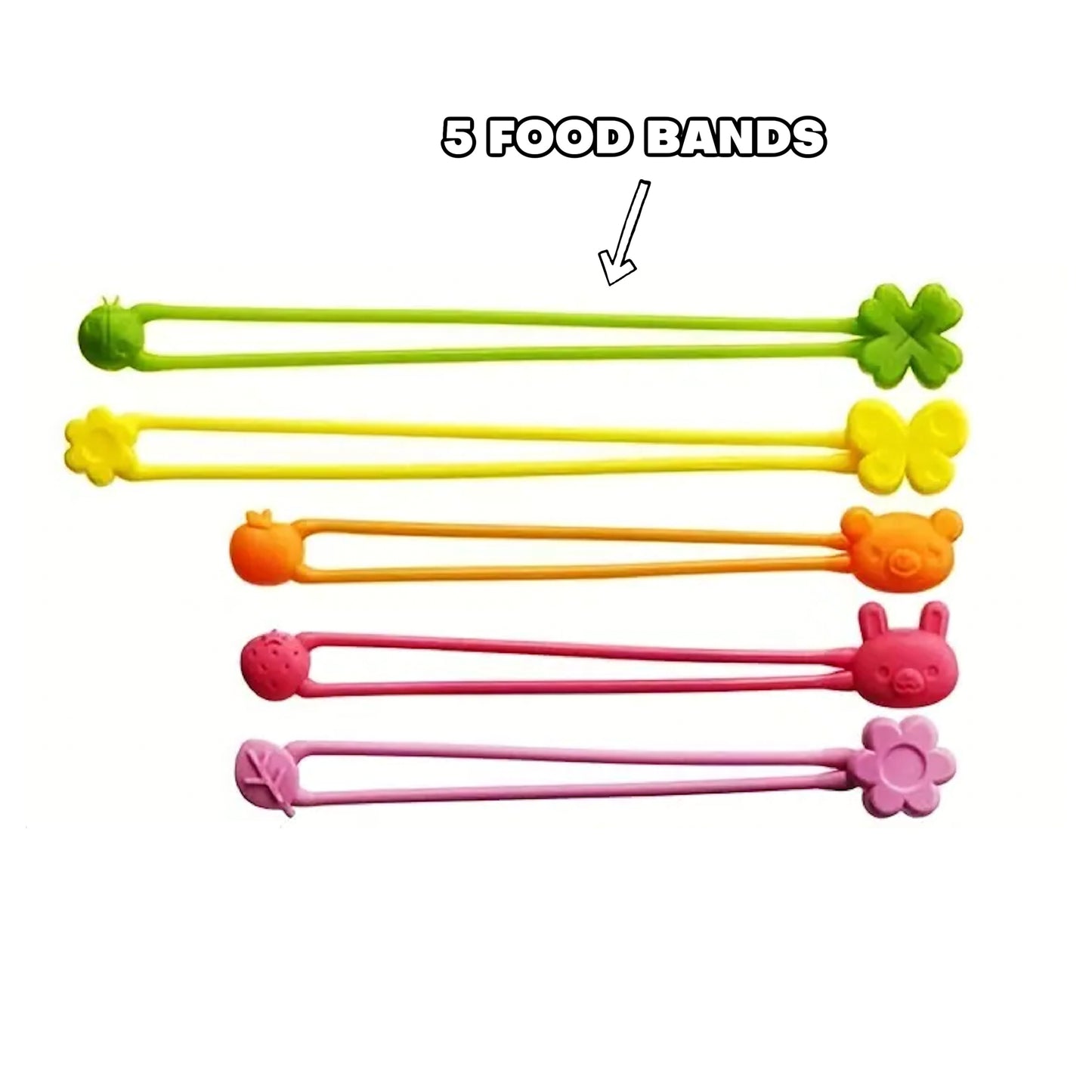 5 food bands in two sizes in green, yellow, orange, bright pink and pastel pink.