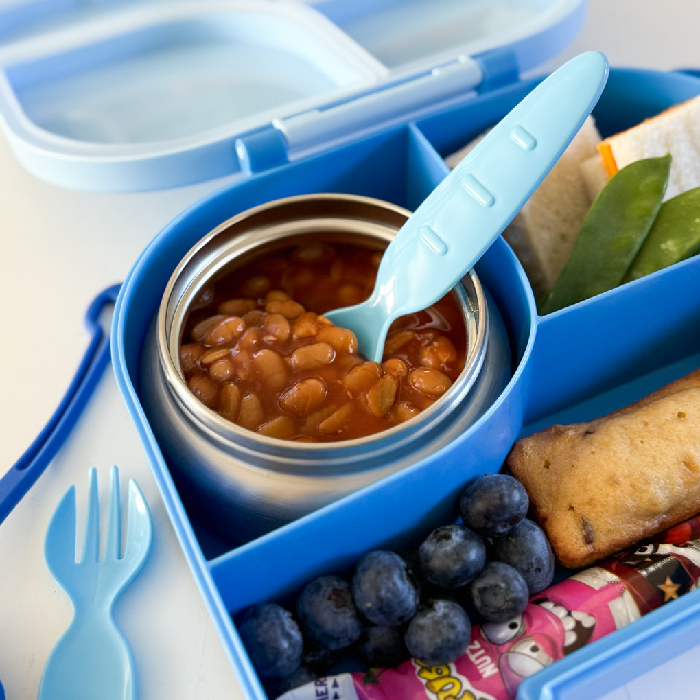 Blue Lunchbox Cutlery being used in the thermos section of the Pick Box Hot and Cold Blue Lunchbox.