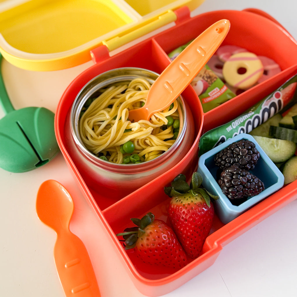 Green and Orange Lunchbox Cutlery being used in the thermos section of the Pick Box Hot and Cold Yellow Lunchbox.