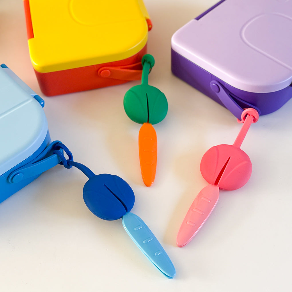 3 colour ways of lunchbox cutlery shown attached to the 3 colour ways of the Pick Box Hot & Cold.