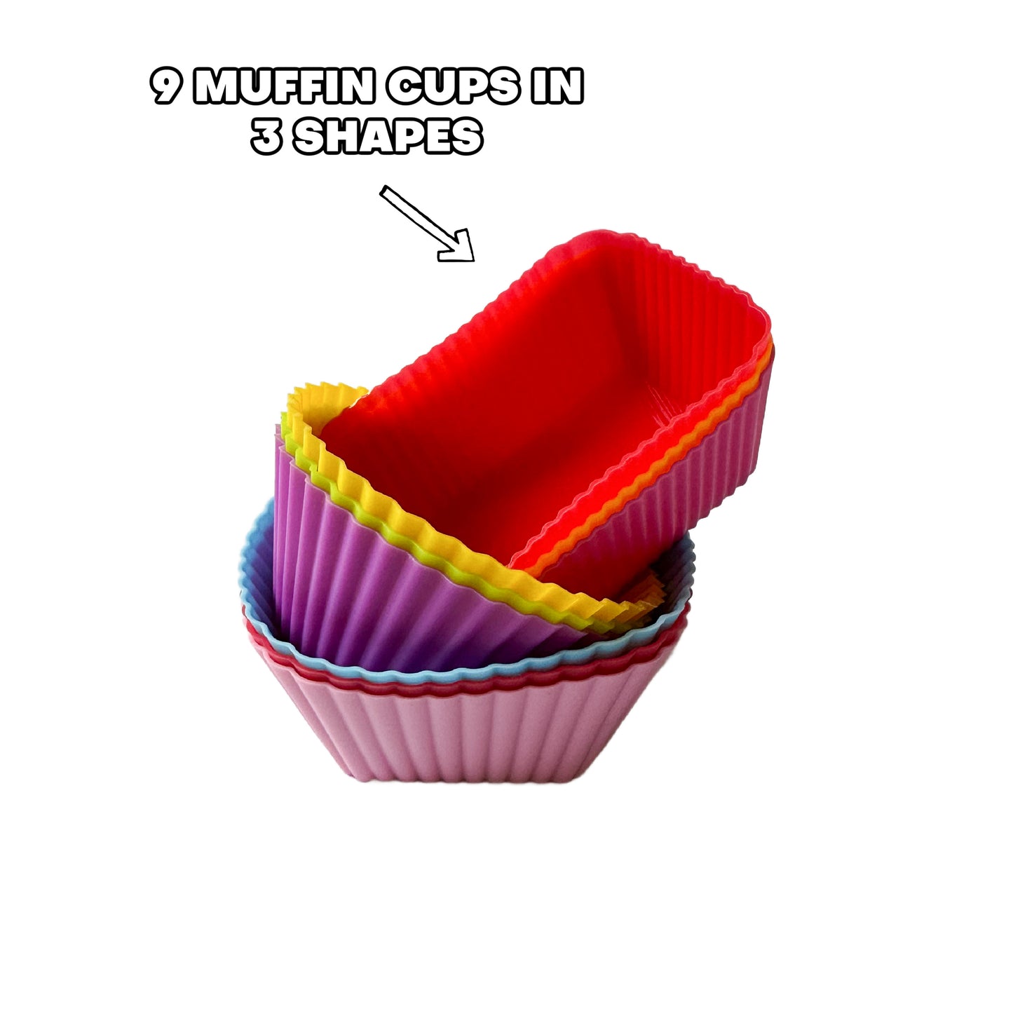 9 silicone muffin cases in 3 shapes and bright colours