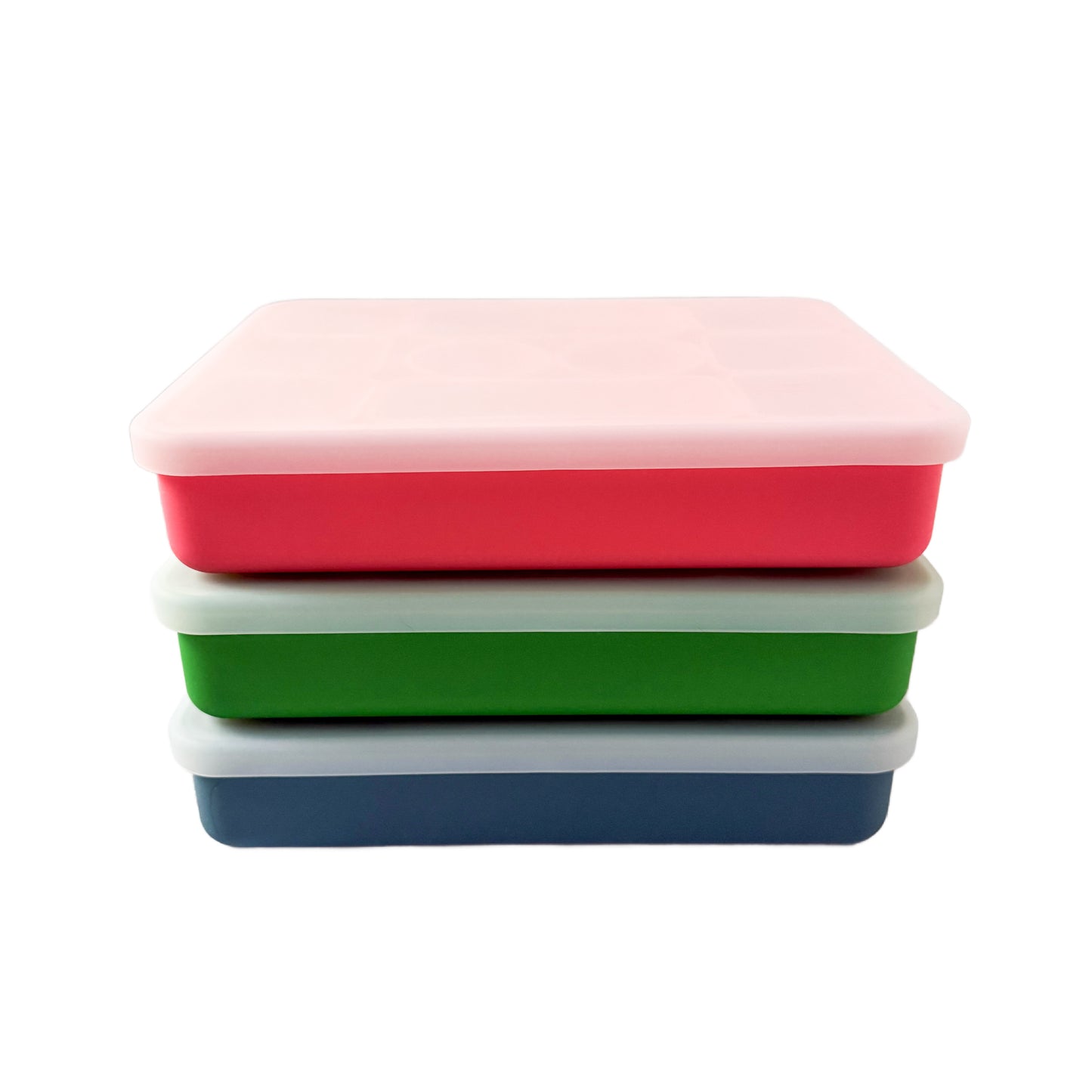 The three colourways of the Pick Plates Snackle box, in pink, green and blue.