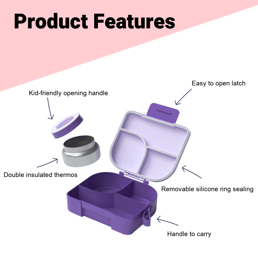 Product features for the Pick Box Hot & Cold Lunchbox showing the kid-friendly opening handle on the included thermos, the easy to open latch on the lunchbox, the removable silicone ring sealing and the lunchbox carry handle.