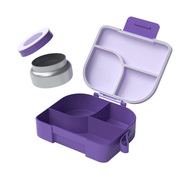An empty purple Pick Box Hot & Cold Lunchbox showing the three separate compartments as well as the stainless steel food thermos.