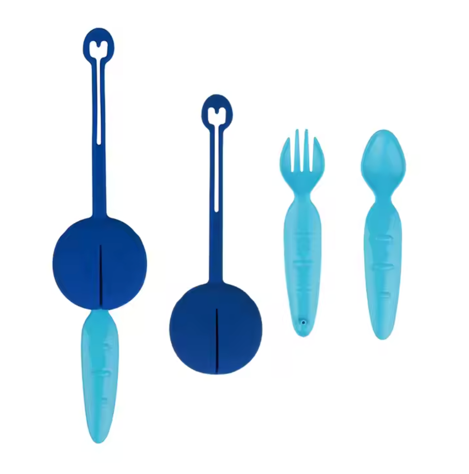 Blue lunchbox cutlery shown both in the case and out of the case.