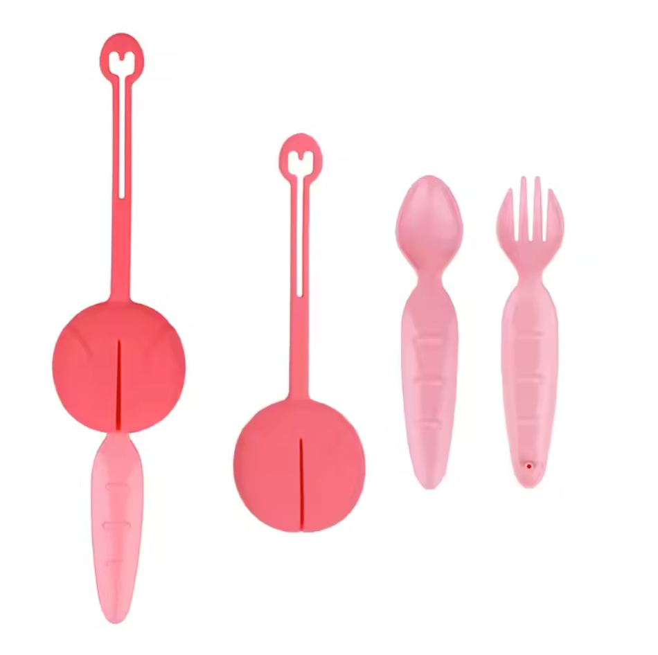 Pink lunchbox cutlery shown both in the case and out of the case.