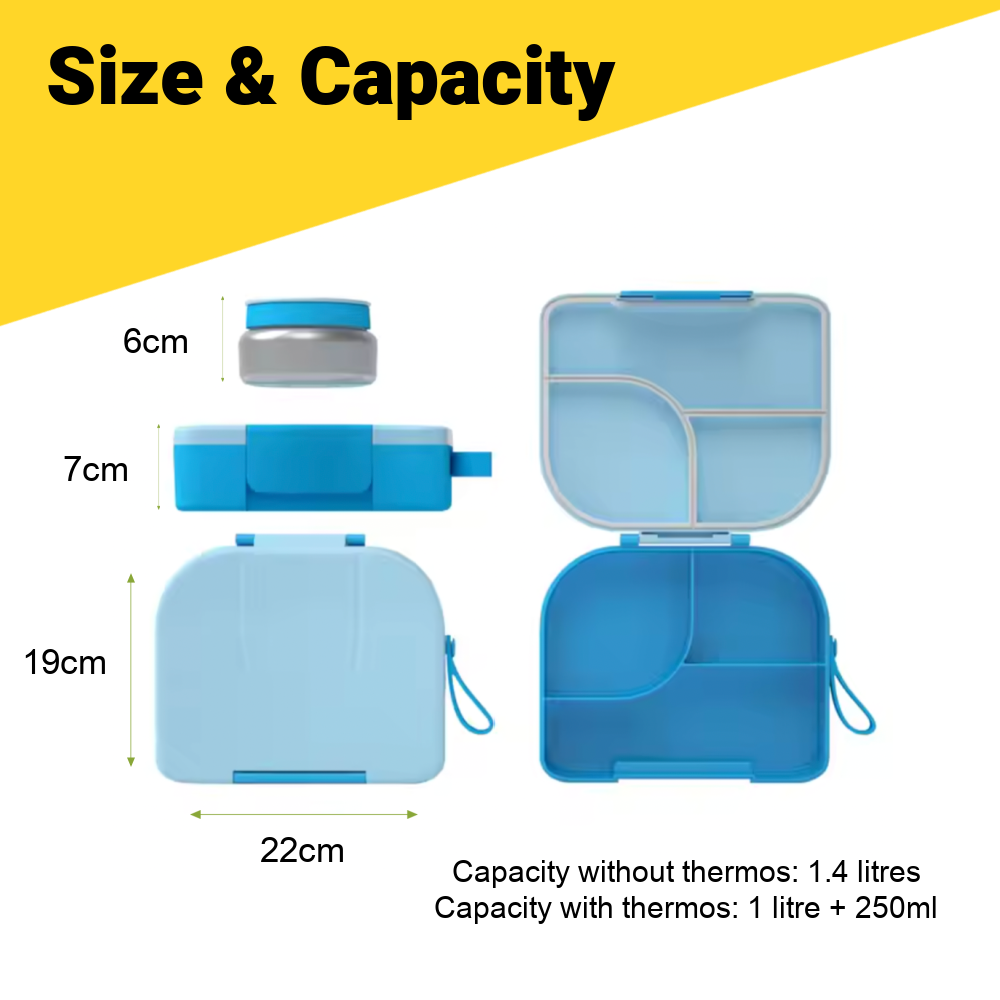 Size & Capacity Visual for the Pick Box Hot & Cold Lunchbox showing the height of the thermos at 6cms, the height of the lunchbox as 7cms, the length of the lunchbox at 22cms and the width of the lunchbox as 19cms. Also detailing the lunchbox capacity without the thermos at 1.4 litres and 1 litre + 250ml with the thermos.