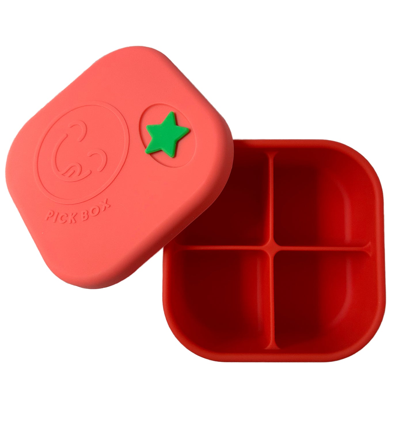 a red and pink silicone divided snack box for kids with four separate compartments