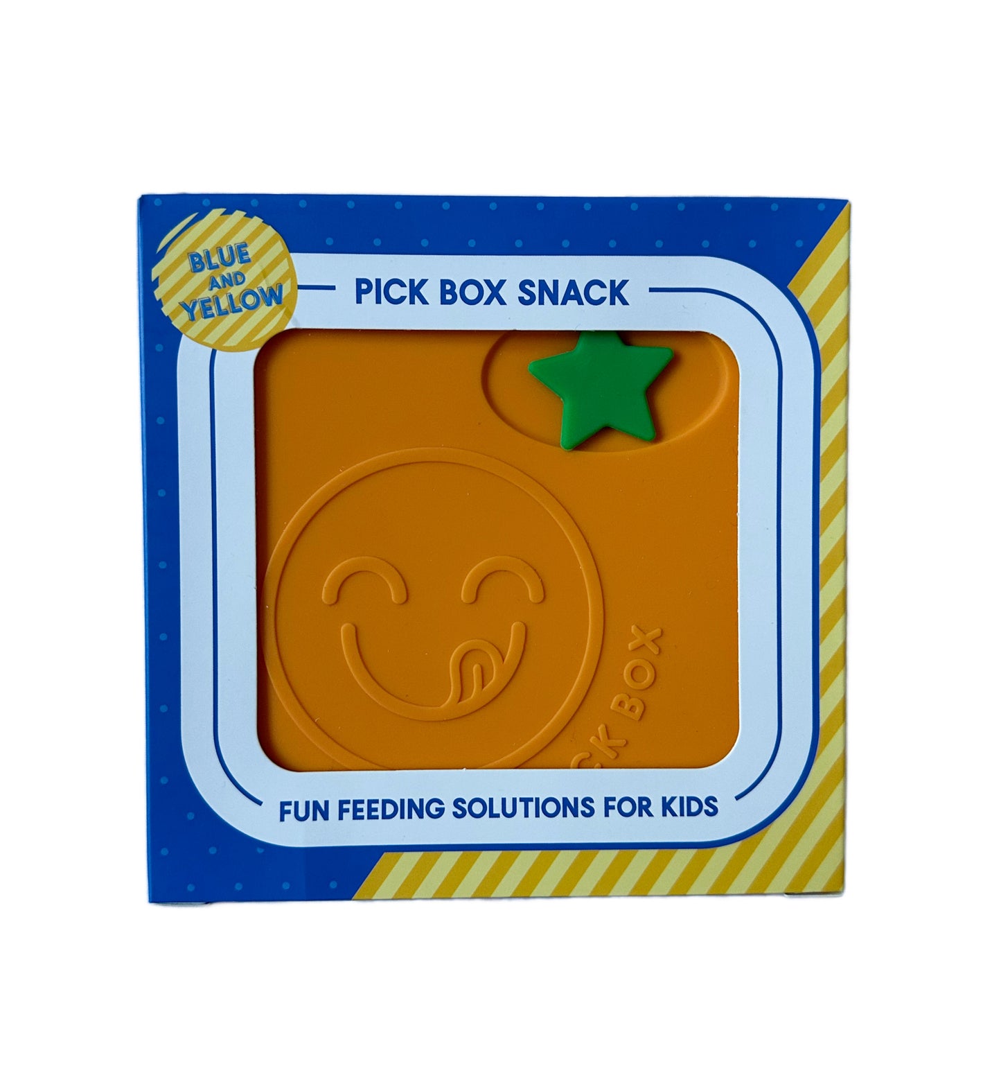 The Pick Box Snack in the blue and yellow colourway shown in it's bright and colourful packaging.