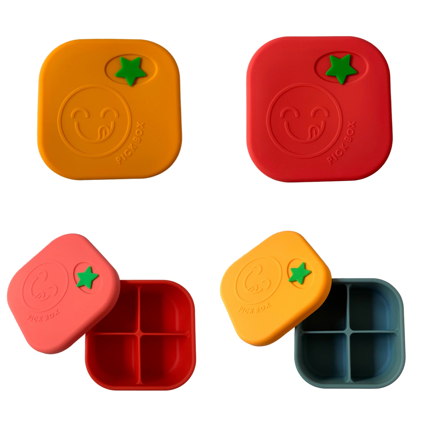 Pick Box Snack Boxes shown in both colourways with both the lid on and the lid off