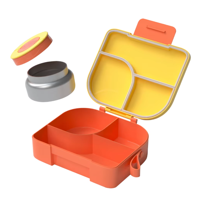 An empty yellow and orange Pick Box Hot & Cold Lunchbox showing the three separate compartments as well as the stainless steel food thermos.