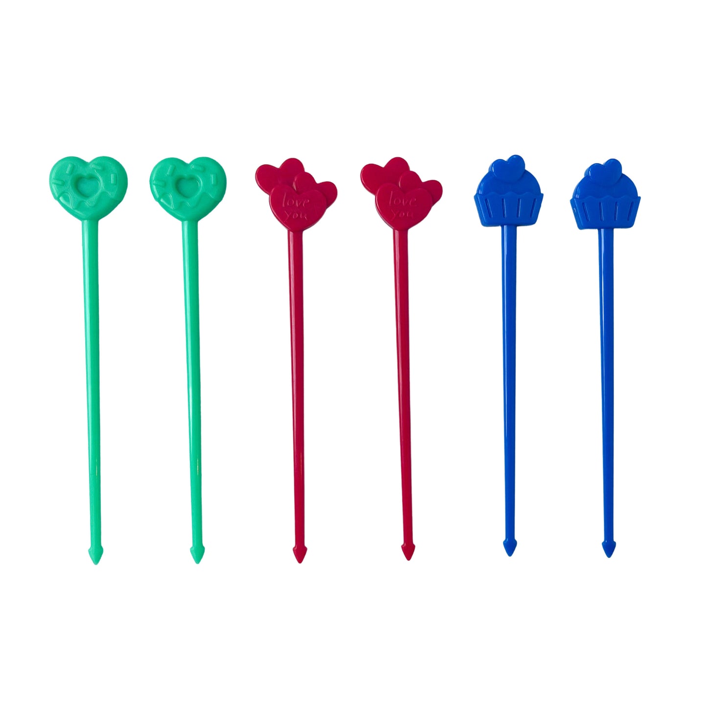 6 food skewers for kids in green, red and blue.