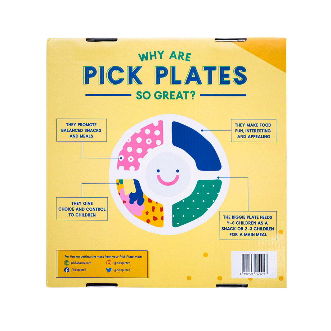 The Biggie Pick Plate for fussy eaters in it's colourful packaging from the back with text detailing why and how the plates work.