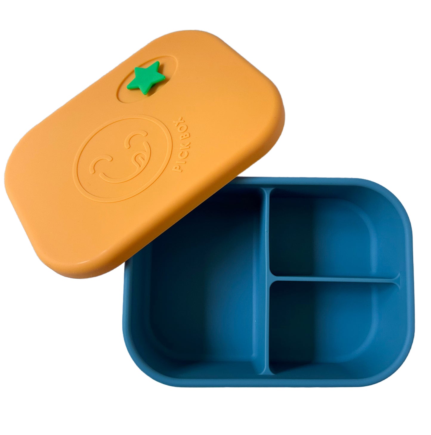 a 3 compartment blue and yellow silicone lunchbox for kids with a green star stopper