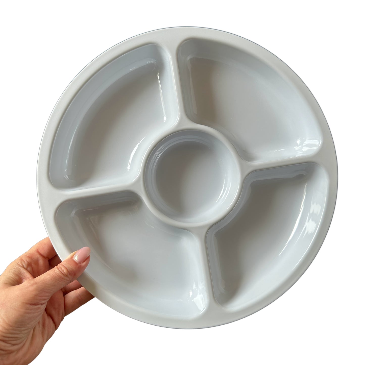 Large white compartment plate for picky eaters with five separate sections.