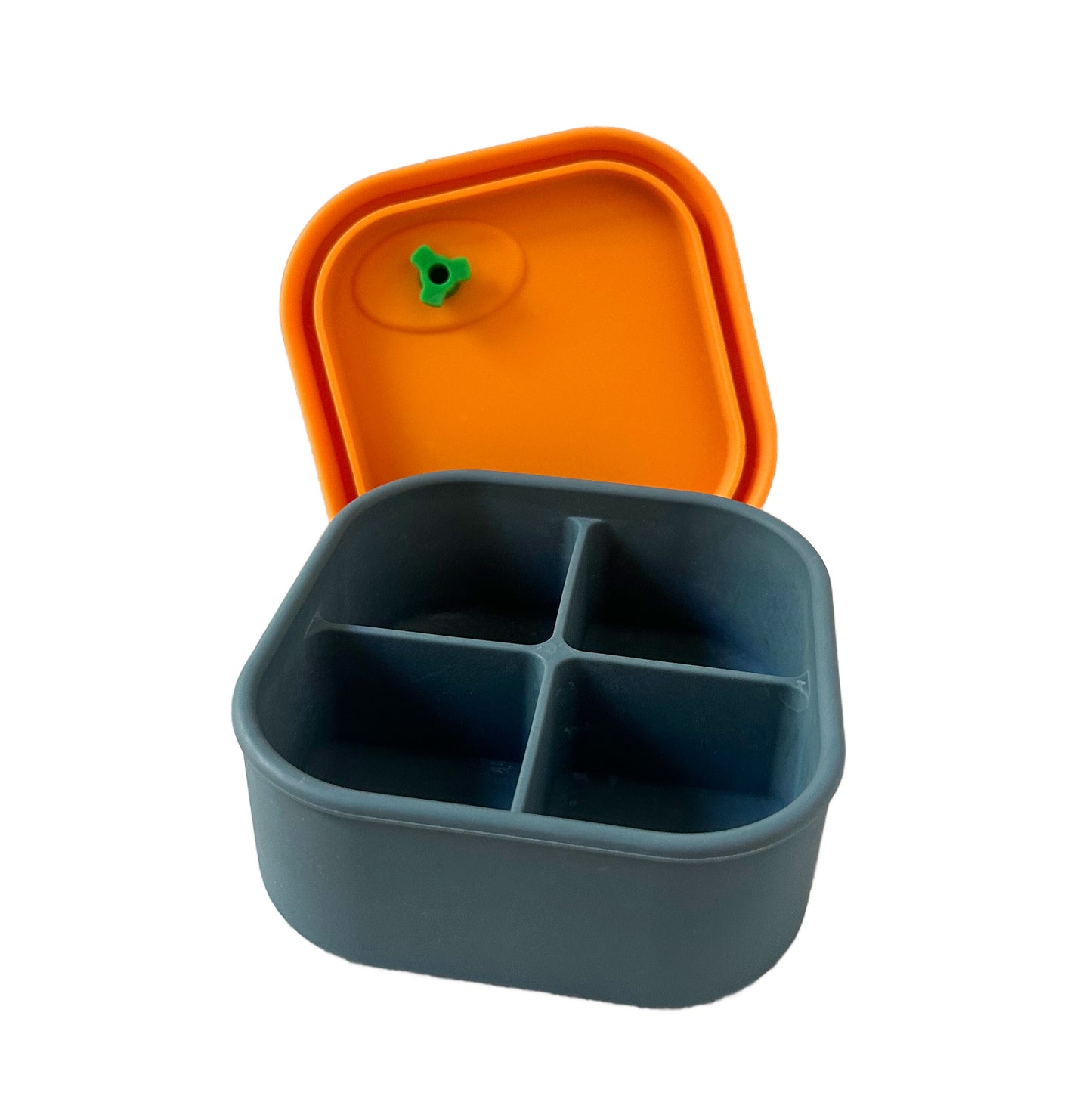 a blue and yellow silicone divided snack box for kids with four separate compartments