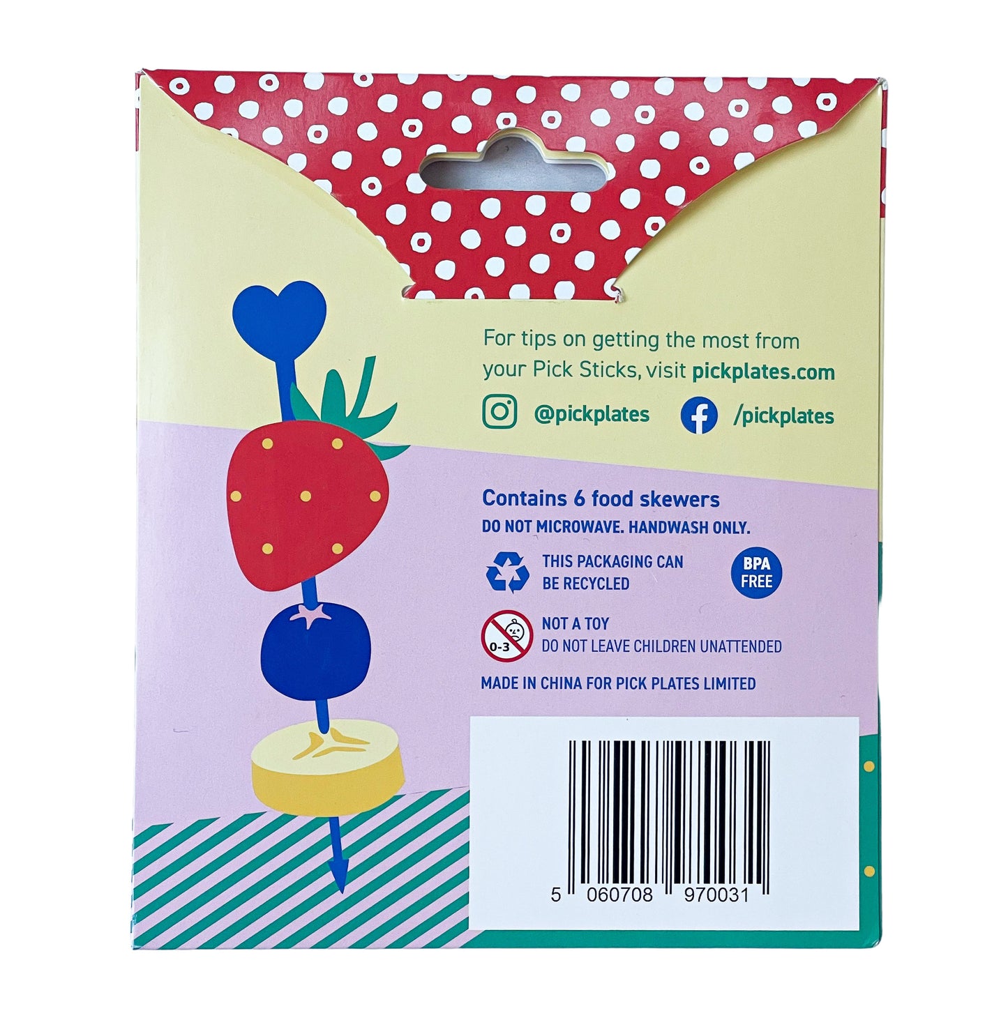 Pick Sticks Brights food skewers for kids in their colourful packaging from the back showing text with instructions.