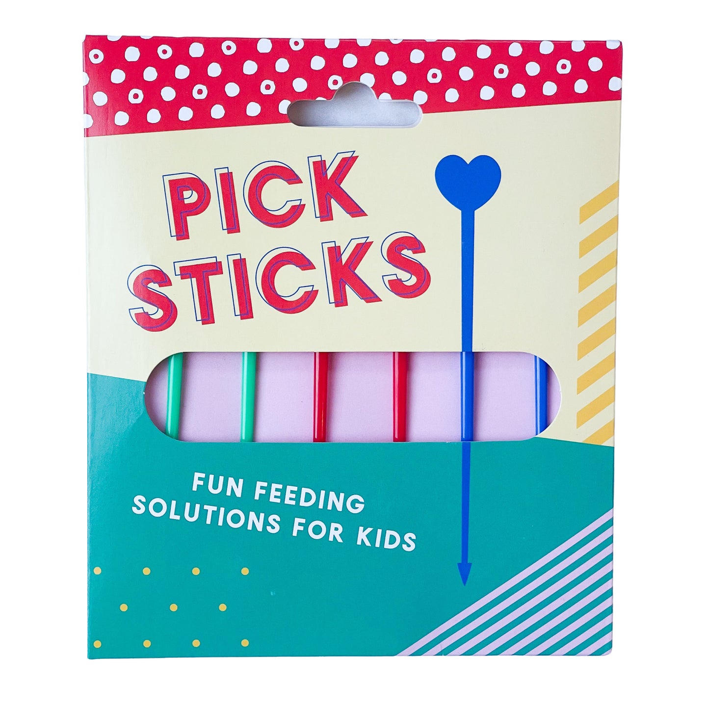 Pick Sticks Brights food skewers for kids in their colourful packaging from the front.