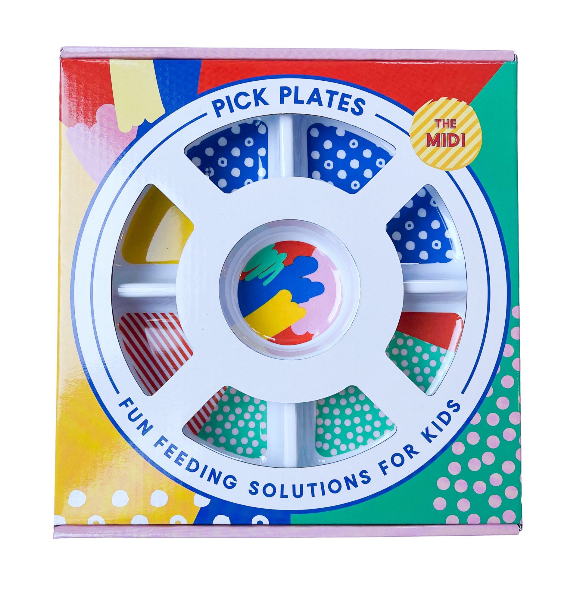 The front view of the Pick Plate Midi in it’s colourful packaging as viewed from the front showing the divided sections of the plate.