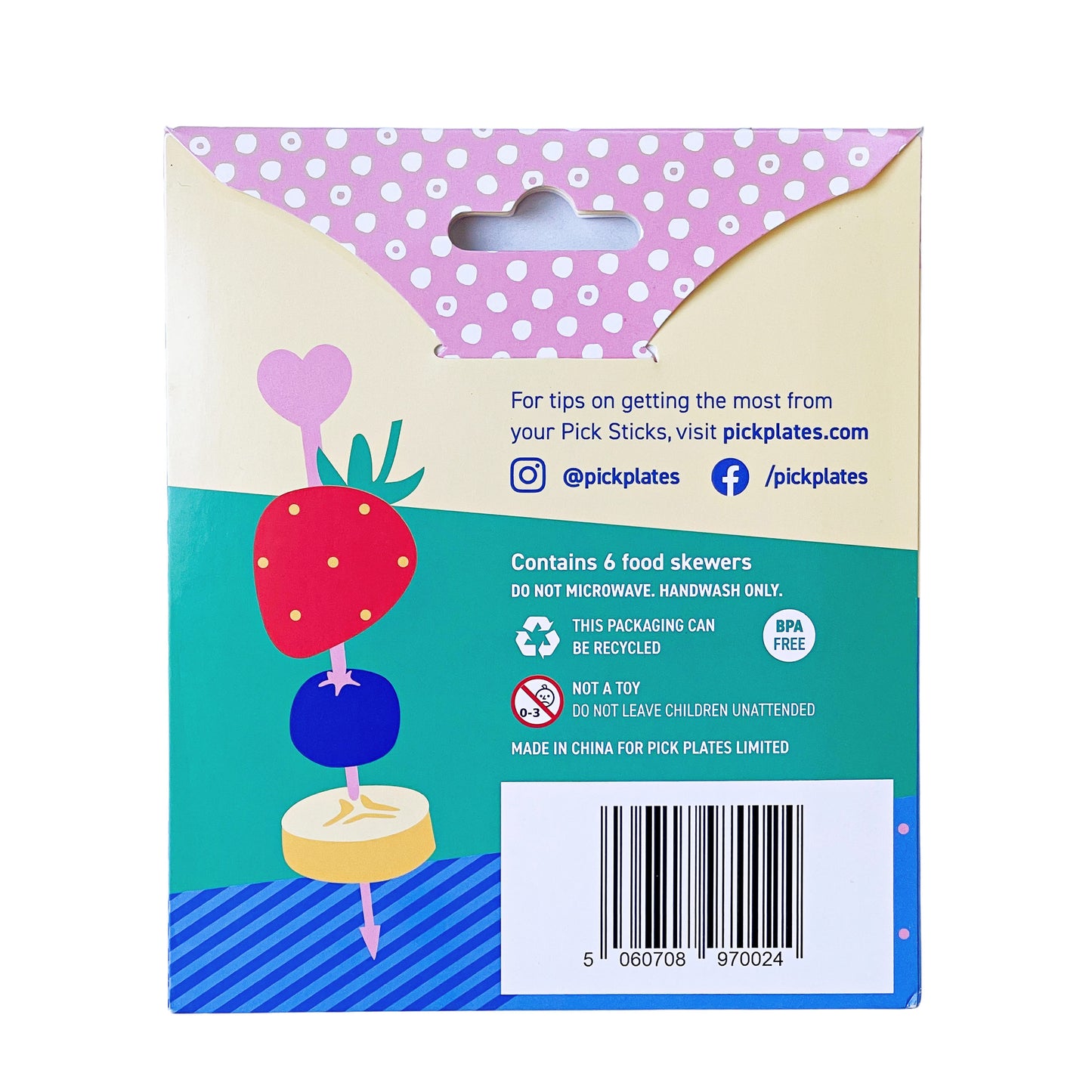 Pick Sticks Pastels food skewers for kids in their colourful packaging from the back showing text with instructions.