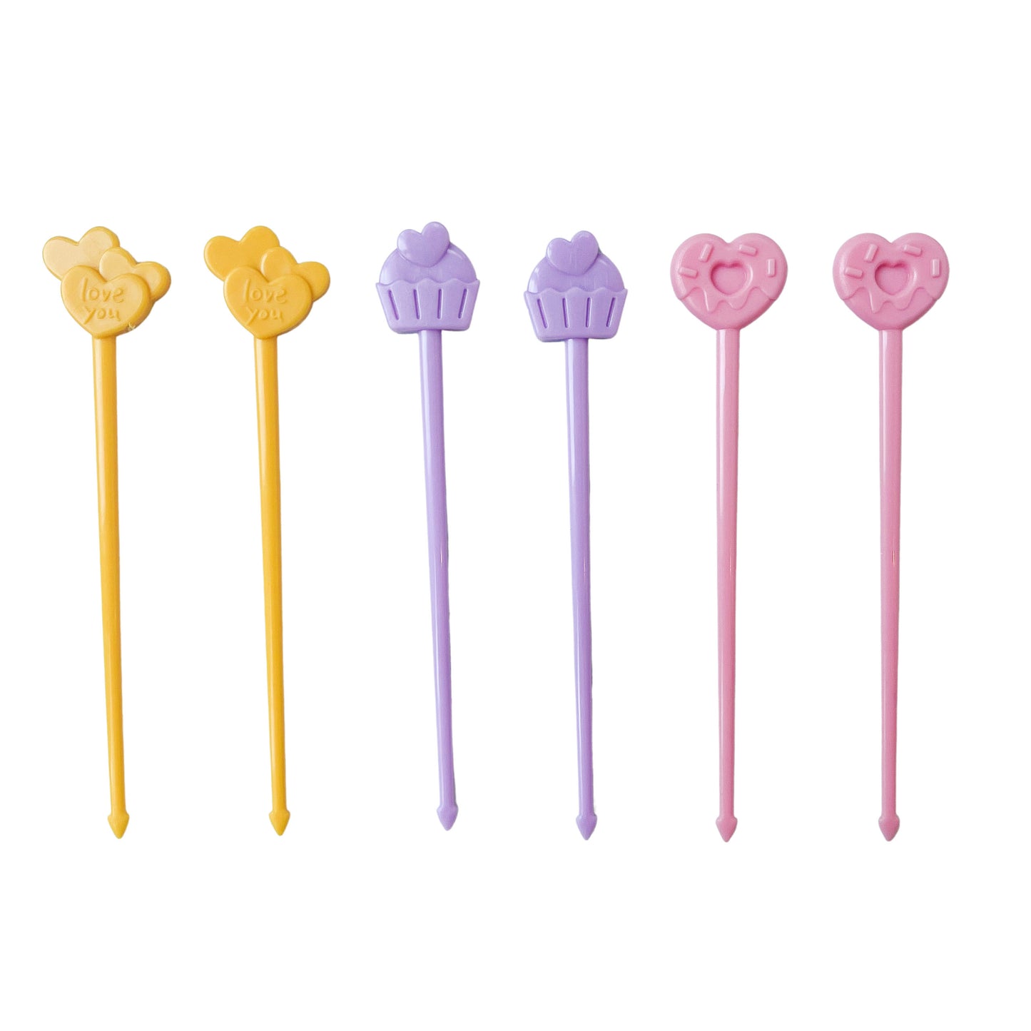 6 food skewers for kids in yellow, purple and pink..
